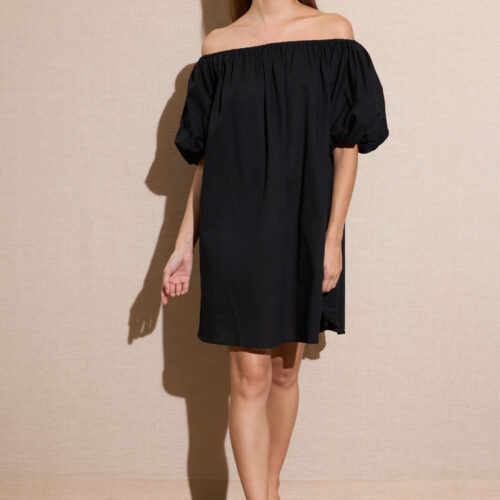 Vestido Corto Negro Popelina Mangas Abullonadas