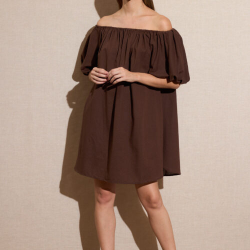 Vestido Corto Marrón Popelina Mangas Abullonadas