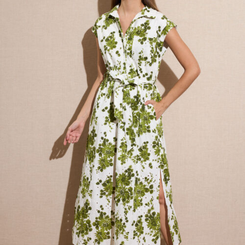 Vestido Largo Camisero Blanco con Flores Verdes