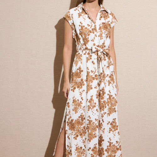 Vestido Largo Camisero Blanco con Flores Marrones