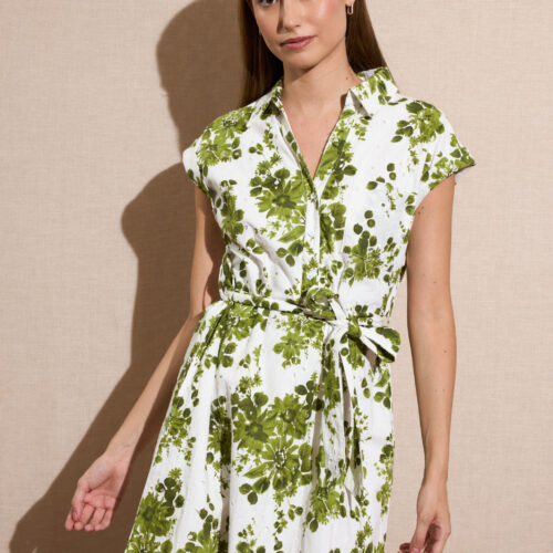 Vestido Corto Camisero Blanco con Flores Verdes