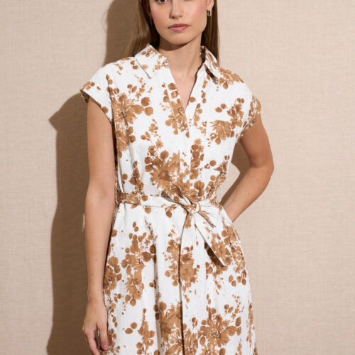 Vestido Corto Camisero Blanco con Flores Marrones