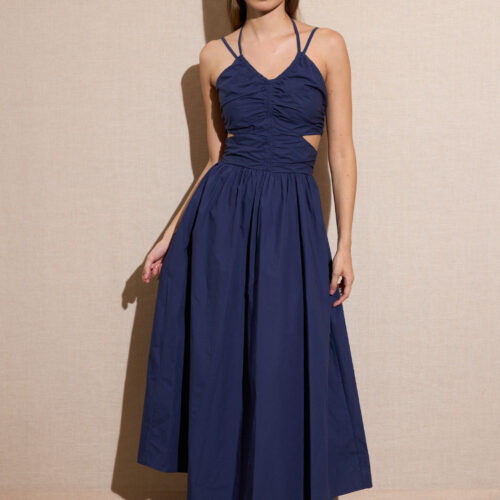 Vestido Largo Azul Marino Fruncido Abertura Cintura Doble Tirantes