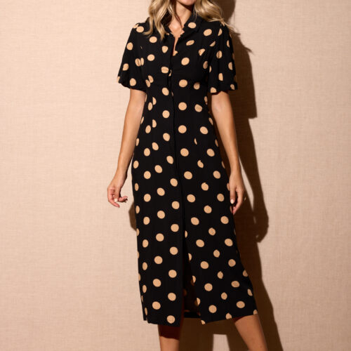 Vestido Largo Negro Camisero Estampado Lunares Grandes Beige