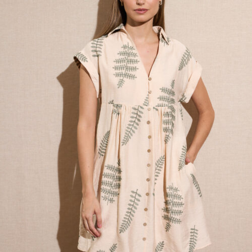 Vestido Corto Camisero Beige Bordado Hojas