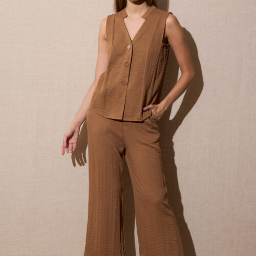 Pantalón Ancho Marrón Efecto Lino