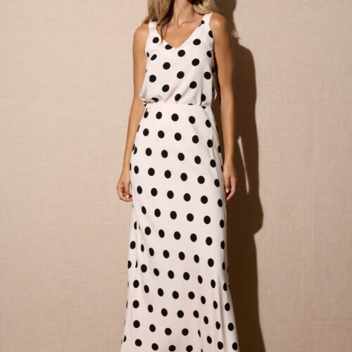 Falda Larga Beige Estampado Lunares Grandes Negras