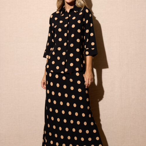 Falda Larga Negra Estampado Lunares Grandes Beige