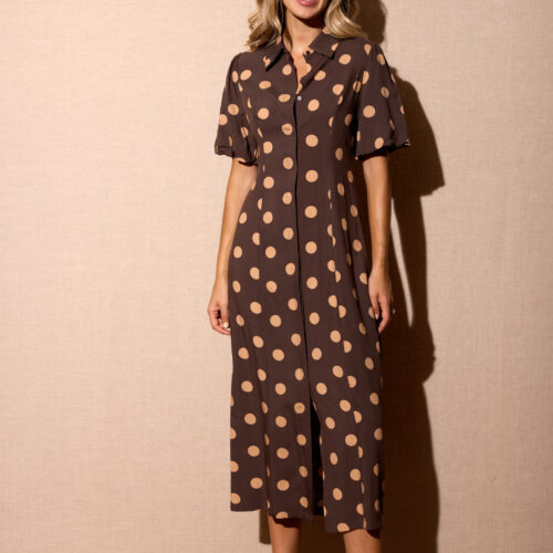 Vestido Largo Camisero Marrón Estampado Lunares Grandes Beige