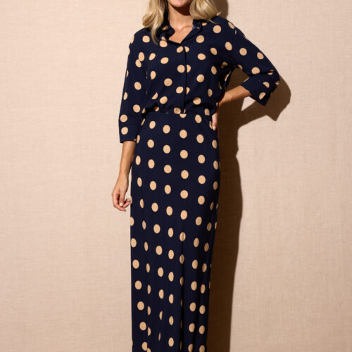 Falda Larga Azul Marino Estampado Lunares Grandes Beige