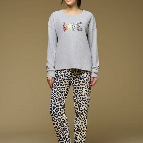 Pijama Largo Mujer Pantalón y Camiseta Manga Larga Estampado Asimétrico Tejido Polar
