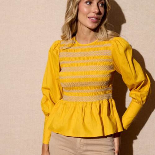 Blusa Amarilla Combinada Nido de Abeja Mangas Abullonadas