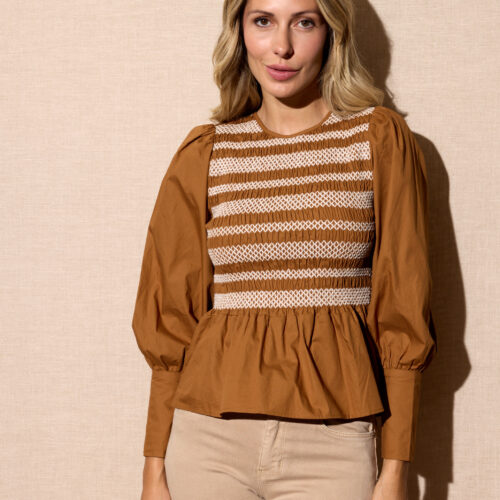 Blusa Marrón Combinada Nido de Abeja Mangas Abullonadas