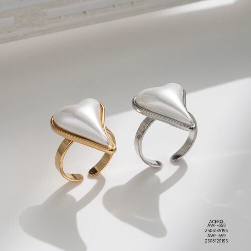 Anillo Acero Corazón Perla