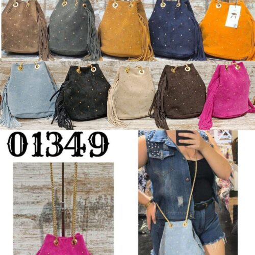 Bombonera Piel Serraje Flecos Detalle Mini Tachuelas