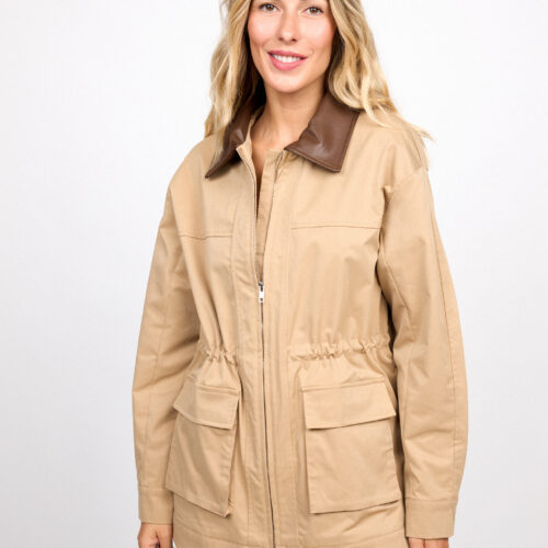 Chaqueta Beige Cuello Contraste Polipiel