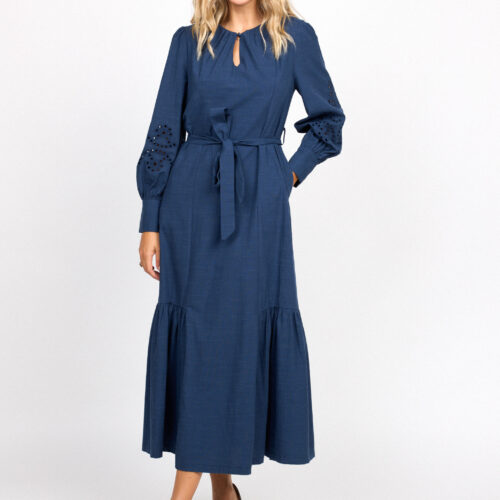 Vestido Largo Azul Manga Troquelada