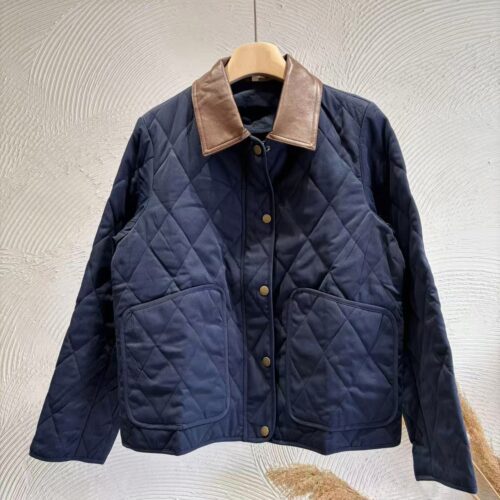 Chaqueta Azul Acolchada Cuello Contraste Polipiel Bolsillos