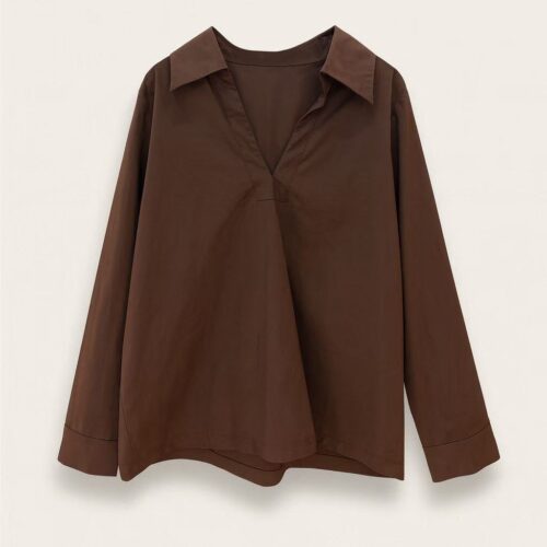 Blusa Marrón Popelina Escote V Manga Larga