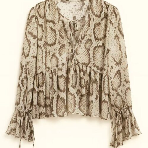Blusa Escote V con Lazo  Manga Larga Estampado Animal Print