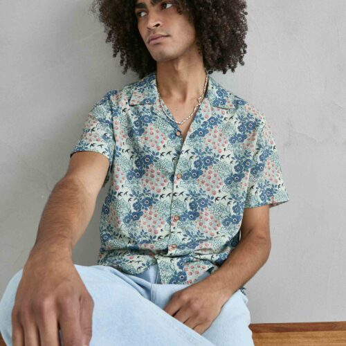 Camisa Algodón Efecto Lino Azul