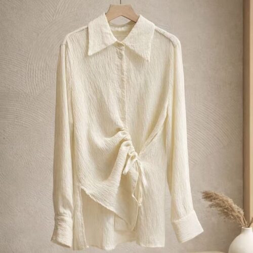 Camisa Plisada Beige Asimétrica Fruncida