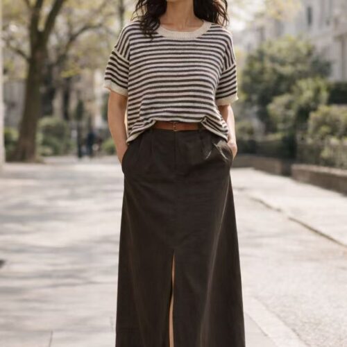 Falda Midi Marrón con abertura y Cinturón