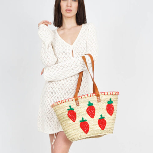 Capazo Fresas de Palma Natural y Lana - Asa de Piel