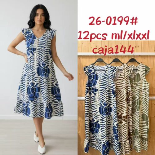 Vestido Midi Estampado sin Manga Volante