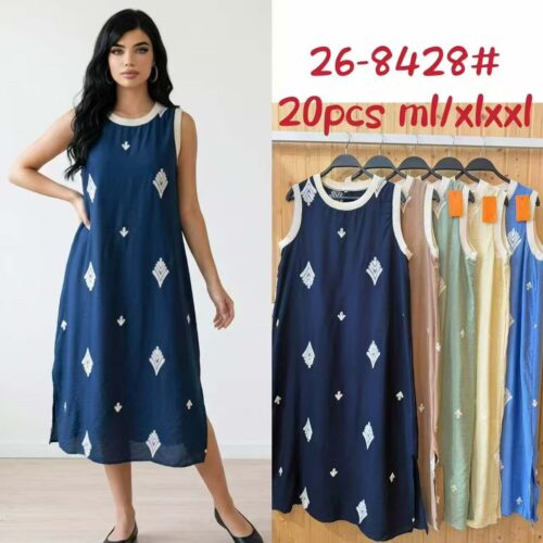 Vestido Largo sin Mangas cuello Redondo con Detalles Bordados Rombos