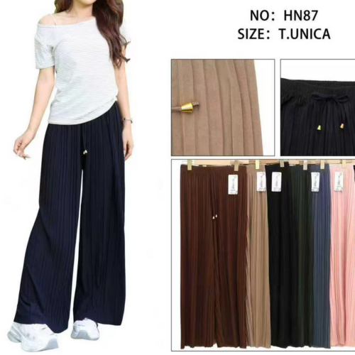 Pantalón Plisado Pierna Ancha Cintura Elástica con Cordón