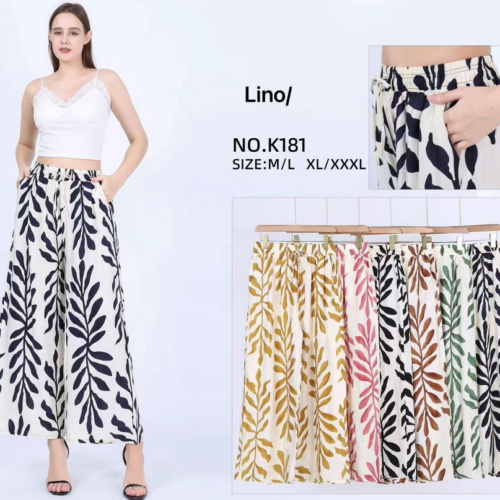 Pantalón Pierna Ancha Cintura Elástica Estampado Hojas