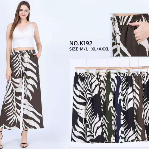 Pantalón Pierna Ancha Cintura Elástica Estampado Hoja Palmera