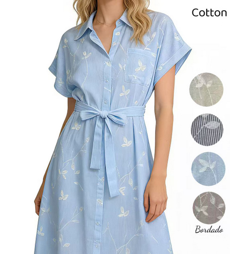 Vestido Midi Camisero Estilo Vaquero y Bordados con Lazo en Cintura