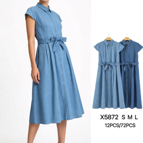 Vestido Midi Camisero Estilo Vaquero con Lazo en Cintura