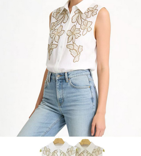 Camisa Sin Mangas con Bordado Floral Frontal