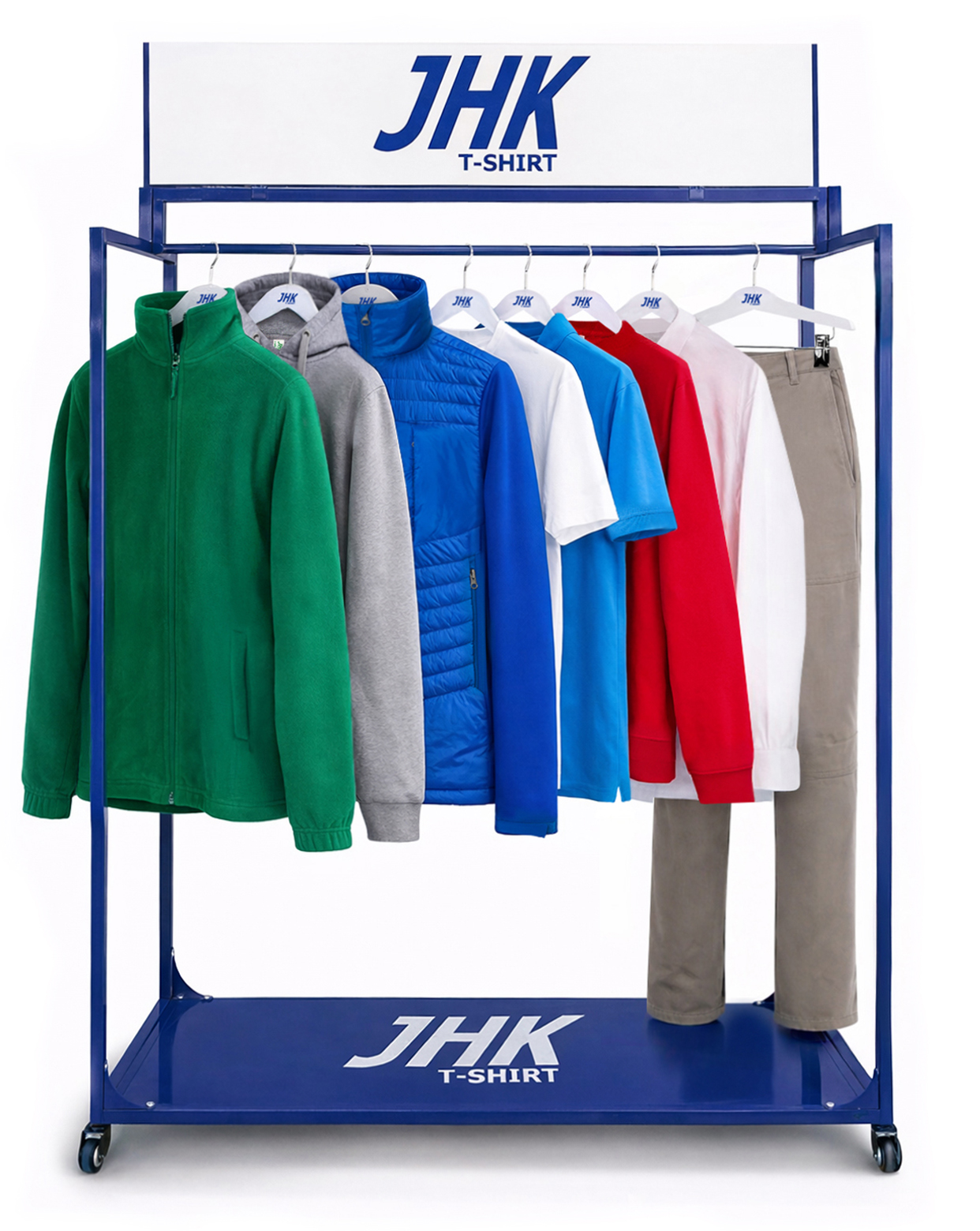 jhktshirt_expmuestras_0 Expositor con Muestras JHK - Estructura Metálica con Ruedas - Imagen 1