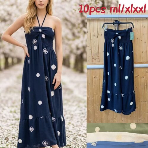 Vestido Largo Liso Escote con Tira Fruncido Dibujo Bordado