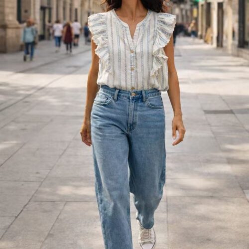 Camisa Azul Sin Mangas con Volantes