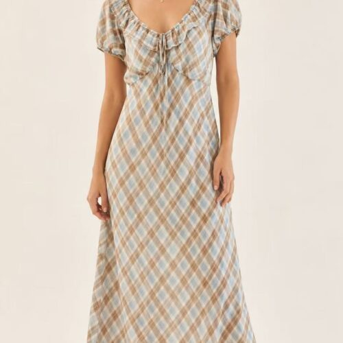 Vestido Largo Escote con Volante Lazo Manga Corta  Estampado Cuadros