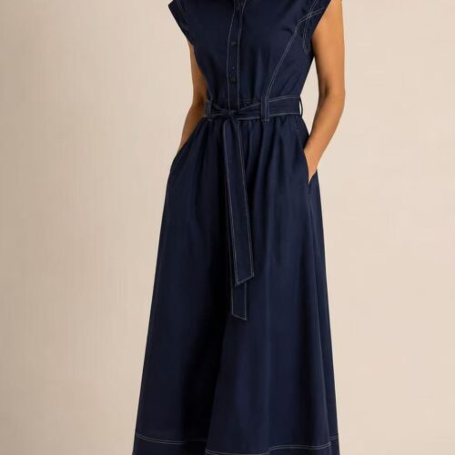 Vestido Largo Azul Escote Camisero Manga Corta