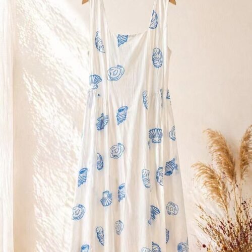 Vestido Largo Blanco Tirantes Detalles Bordados Conchas Marinas