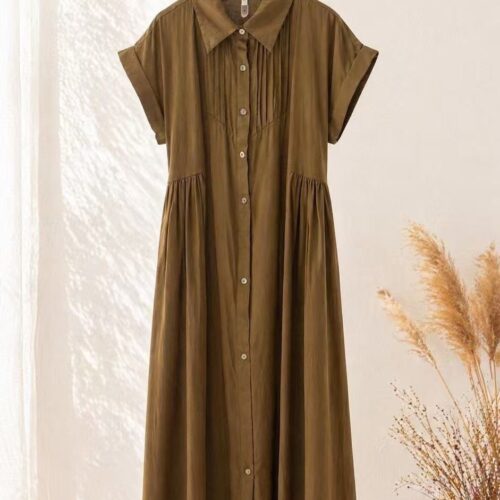 Vestido Verde Kaki Largo Camisero Manga Corta Detalles Plisados