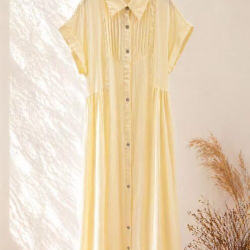 Vestido Amarillo Largo Camisero Manga Corta Detalles Plisados