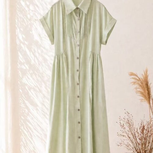 Vestido Verde Largo Camisero Manga Corta Detalles Plisados