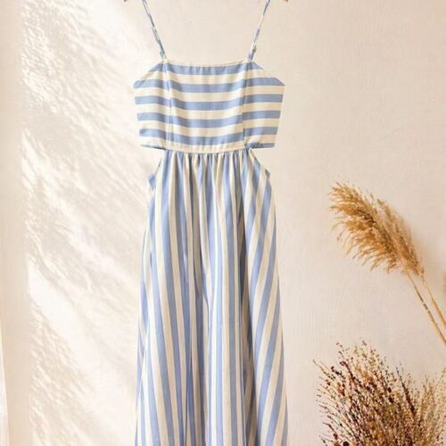 Vestido Largo Azul Tirantes Diseño Rayas