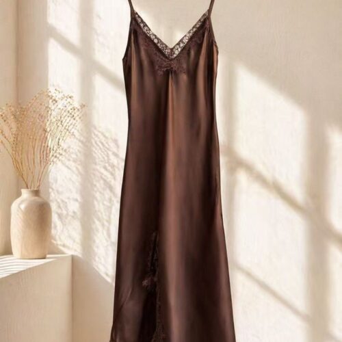 Vestido Café  Lencero Midi Con Encaje
