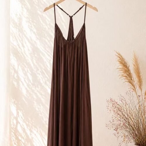 Vestido Largo Café Liso Tirantes Finos