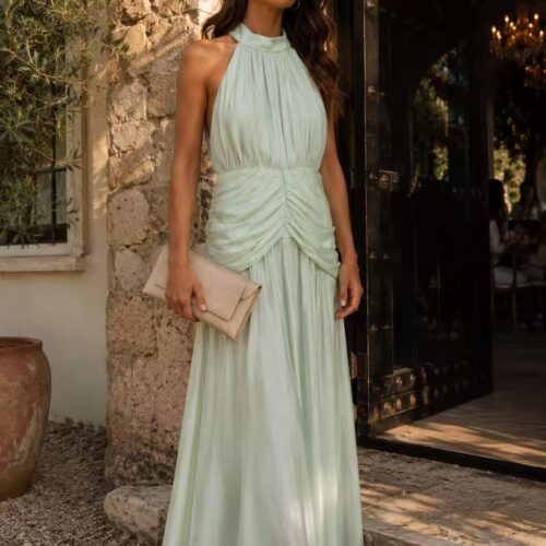 Vestido Largo Verde Escote Halter  Diseño Drapeado