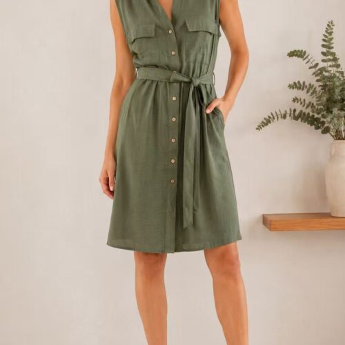 Vestido Corto Verde Kaki Camisero Sin Manga Bolsillos
